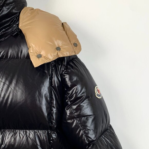 Moncler Black & Tan Hooded Down Puffer Jacket With Logo Patch - Picture 3 of 8